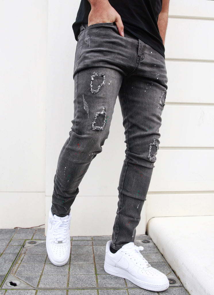 Patchwork Paint Jeans - Grey