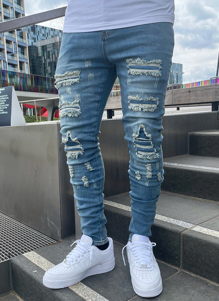 Ripped & Repaired Jeans - Light Blue