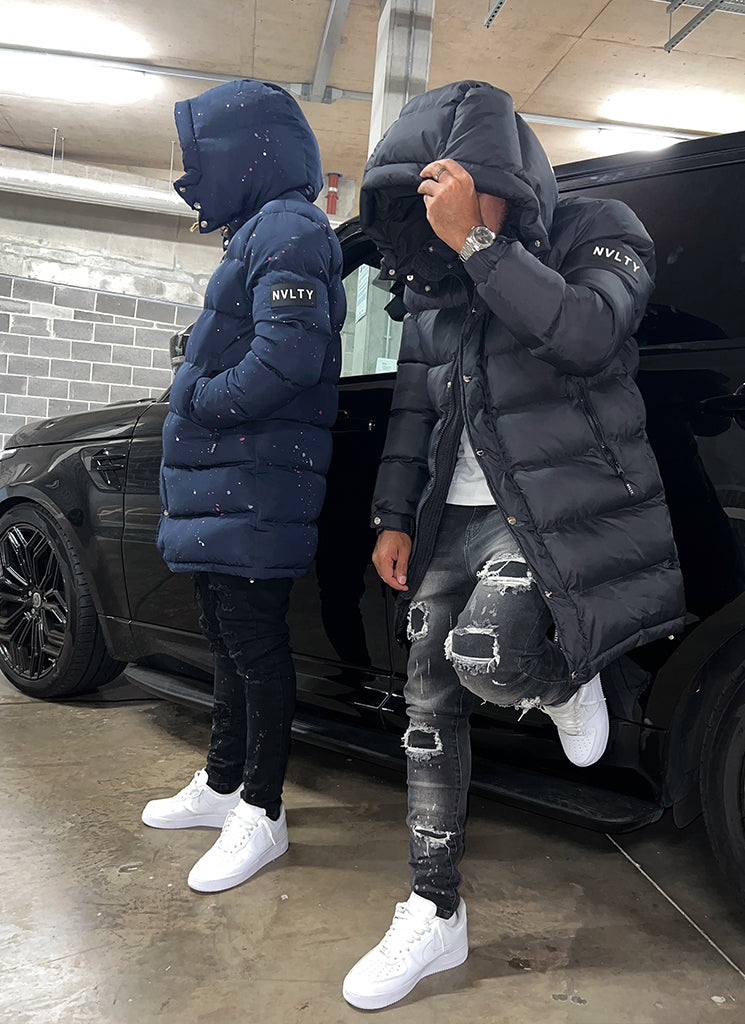 Long Paint Puffer Jacket - Navy