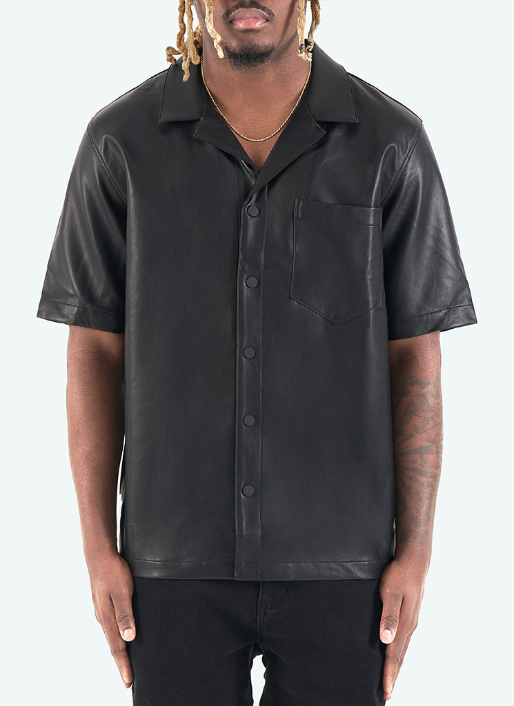 Leather Open Collar Shirt - Black
