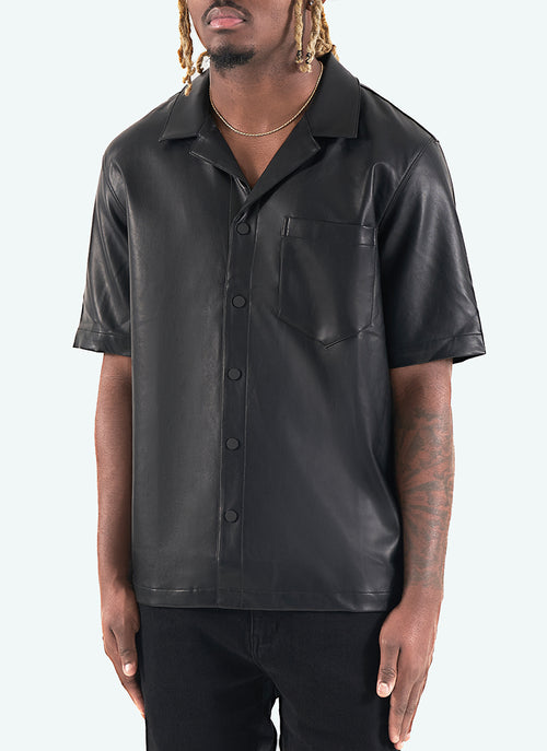 Leather Open Collar Shirt - Black