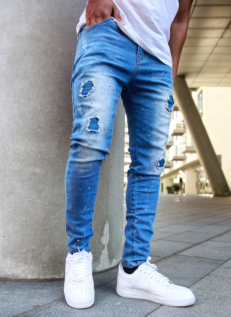 Patchwork Paint Jeans - Light Blue