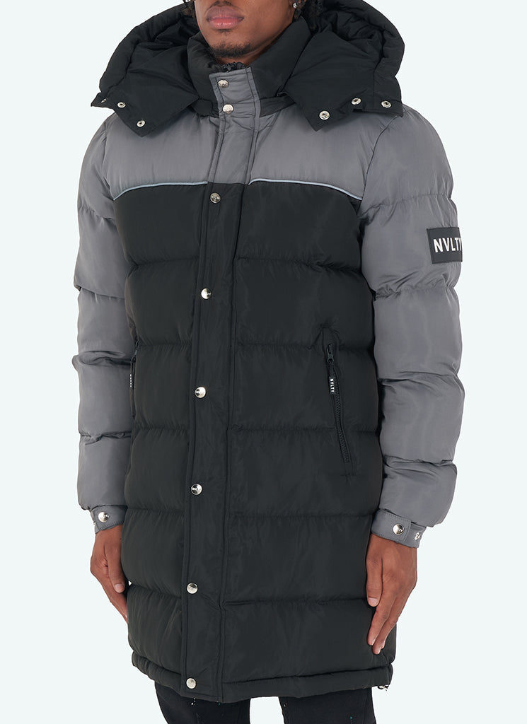 Long Dual Tone Puffer Jacket - Black/Grey