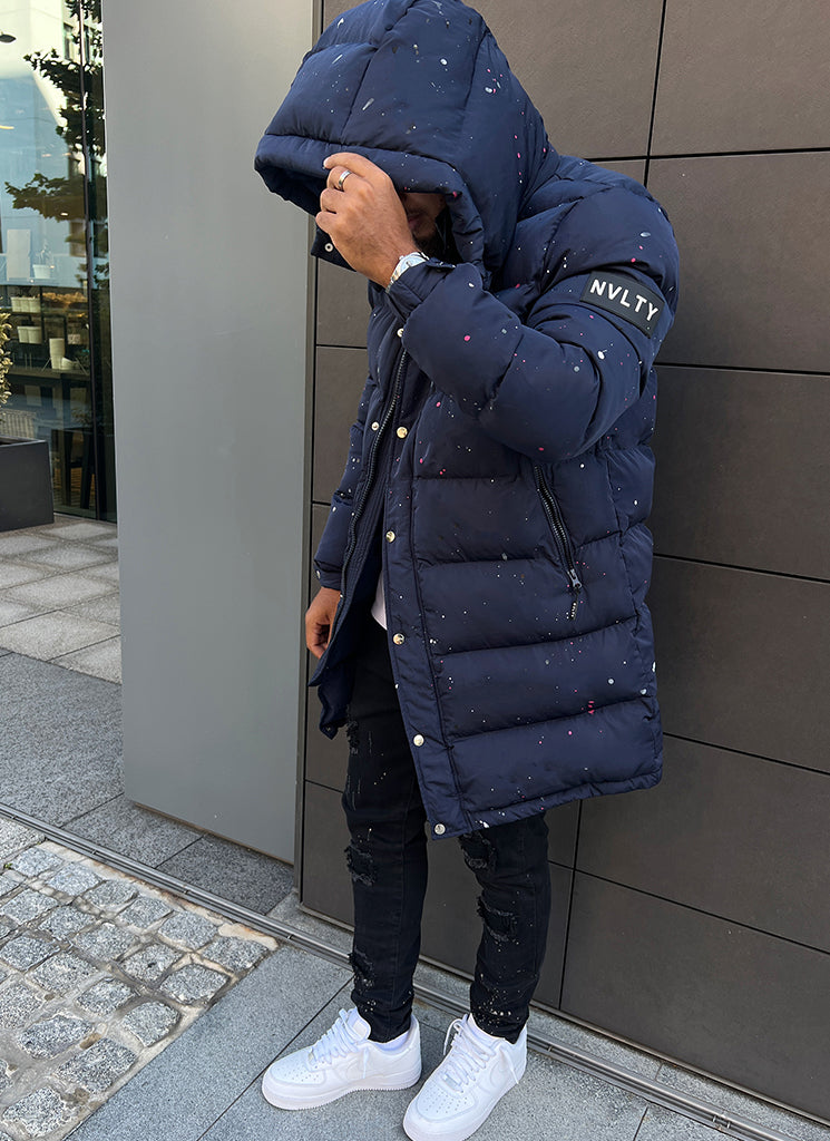 NVLTY Long Paint Puffer Jacket Navy N V L T Y