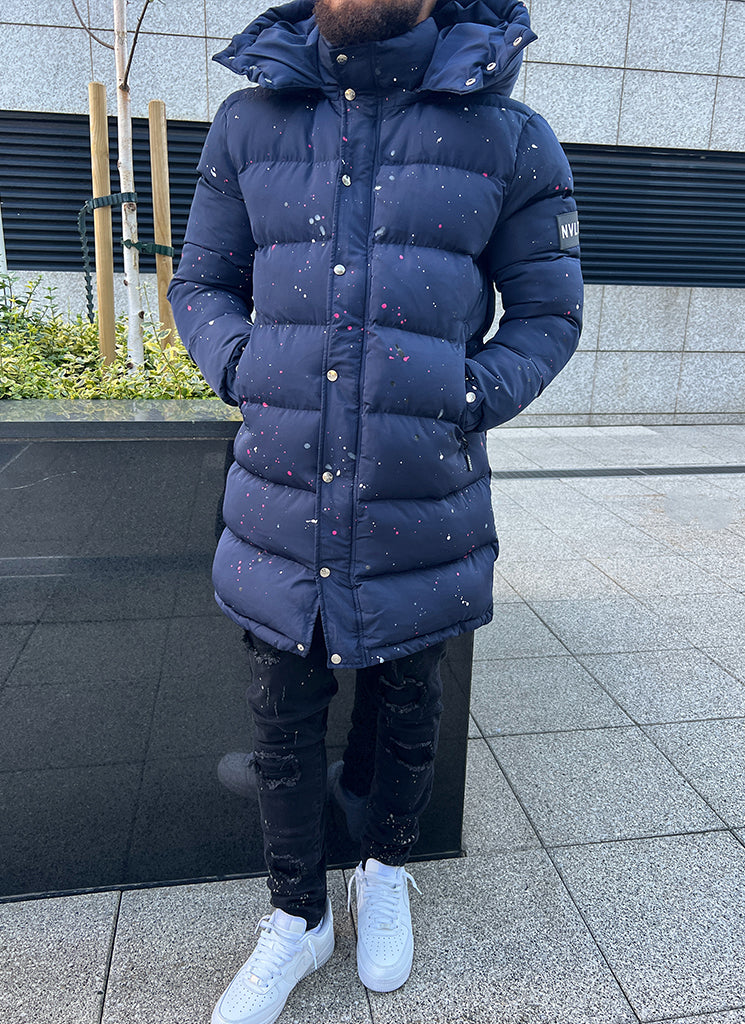 Long Paint Puffer Jacket - Navy