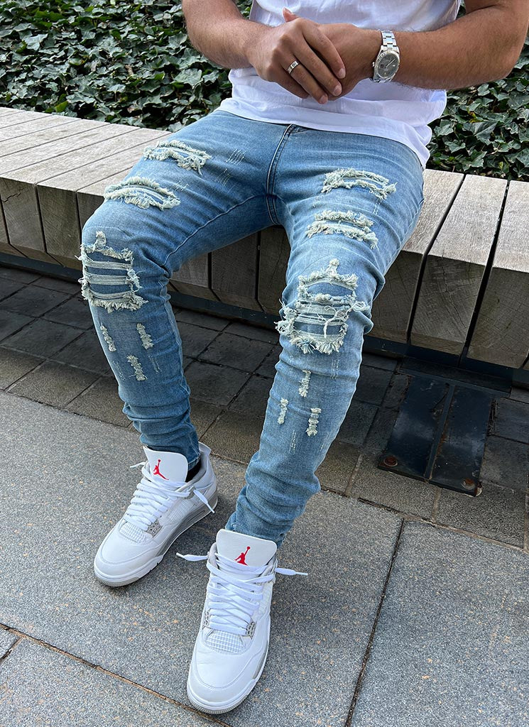 Stretch Jeans Super Skinny Light Blue Ripped Jeans Mens Yutnsbel